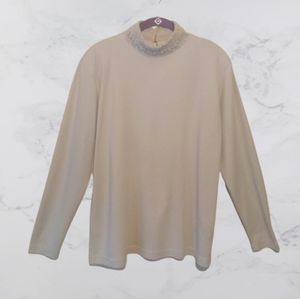 Vintage Adolfo Top Beige 90s Turtle Neck Crochet Trim Pearl Buttons Large